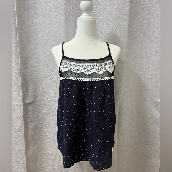 E & M Navy Blue Polka Dot Lace Trim Top Size Small Boho Embroidered Festival - Picture 6 of 12